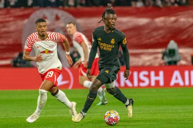 Leipzig, Germany 13 December 2023 Champions League 2023 2024 RB Leipzig vs Real Madrid In the picture from left in the duel Benjamin Henrichs Leipzig and Eduardo Camavinga Madrid Copyright: xFotostandx xNachtigallx