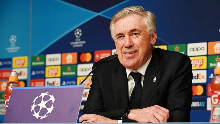 Soccer UEFA Champions League, Season 2023 2024, Round of 16, First leg, RB Leipzig vs Real Madrid 13 02 2024 Carlo Ancelotti Coach Real Madrid after the match RB Leipzig vs Real Madrid 13 02 2024 at the press conference Leipzig Saxony Germany Red Bull Arena