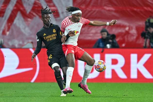Champions League RB Leipzig Real Madrid on 13 02 2023 at the Red Bull Arena in Leipzig Eduardo Camavinga Real Madrid in a duel against Mohamed Simakan RB Leipzig MT