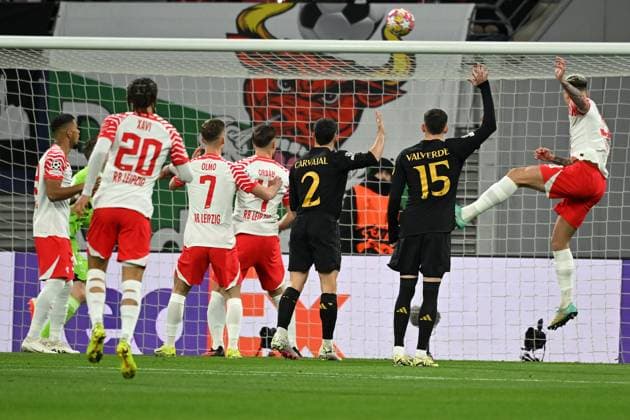 Leipzig, Red Bull Arena, 13 02 24, GER, Men, UEFA Champions League, Season 2023 2024, RB Leipzig Real Madrid Picture Benjamin SESKO Leipzig scores the goal for 1 0 VAR cancels the goal due to offside Benjamin HENRICHS Leipzig Only for editorial use UEFA regulations prohibit any use of photographs as image sequences and or quasi video Saxony Germany