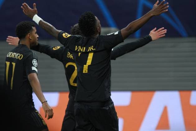 Leipzig, Saxony, Germany, 13 02 2024 Red Bull Arena Champions League RB Leipzig Real Madrid Goal celebration by Brahim Diaz 21 after his goal in the 49th minute, with Rodrygo 11 and Vinicius Junior 7 Copyright: xdtsxNachrichtenagenturx dts_30623