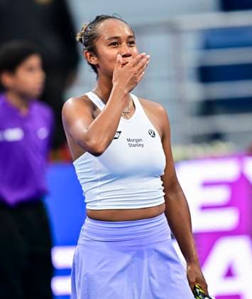 Qatar TotalEnergies Open - Day 4 Leylah Fernandez of Canada is celebrating her victory in her third-round match against Qinwen Zheng of China at the WTA, Tennis Damen 1000-Qatar TotalEnergies Open tennis tournament at the Khalifa International Tennis Complex in Doha, Qatar, on February 14, 2024. DOHA Qatar  Copyright: xNoushadxThekkayilx originalFilename:varittyakkal-qatartot240214_nptos.jpg
