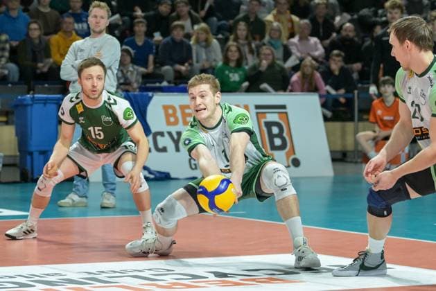 Berlin, Germany February 14, 2024 1 VBL 2023 2024 Berlin Recycling Volleys vs FT 1844 Freiburg In the picture Luc Hartmann FT Freiburg , left Jonathan Schönhagen FT Freiburg , right Levi Olson FT Freiburg Copyright: xFotostandx xReuhlx