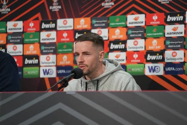 Press conference SC Freiburg in Lens, France PK with coach Christian Streich and Freiburgs Christian Günter before the match in the Europa League 2023 2024, knockout round play-offs against RC Lens at Bollaert Delelis Lens Guenter, Football, Men Copyright: xJoeranxSteinsiekx
