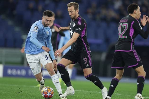 UEFA Champions League SS Lazio vs Bayern Munich Bayern Munich s English forward Harry Kane challenges for the ball with Lazio™s Spanish defender Mario Gila during the UEFA Champions League Round of 16, first-leg football match between SS Lazio vs Bayern Munich in Rome, on February 14, 2024. ABPH6434 Copyright: xAntonioxBalascox