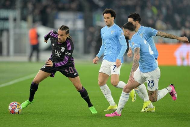 Foto Alfredo Falcone LaPresse 14 Febbraio 2024 Roma (Italia) calcio - Lazio vs Bayern Monaco - Andata ottavi di finale Uefa Champions League 2023 2024 - Stadio Olimpico di Roma. Nella foto: Leroy San& xe9; (Bayern Monaco); Felipe Anderson (SS Lazio); February 14, 2024 Rome (Italy) sport, soccer - SS Lazio vs FC Bayern Munich - Round of 16 first leg Uefa Champions League 2023 2024 - Olimpic Stadium in Rome. In the pic: Leroy San& xe9; (Bayern Monaco); Felipe Anderson (SS Lazio);  Copyright: xAlfredoxFalcone LaPressex