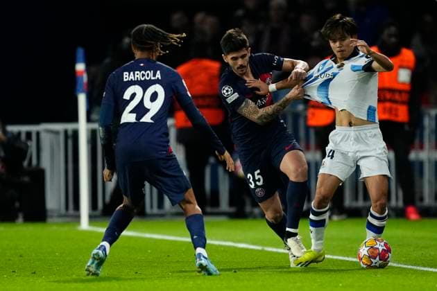 Paris Saint-Germain v Real Sociedad: Round of 16 First Leg - UEFA Champions League 2023 24 Lucas Beraldo Centre-Back of PSG and Brazil and Takefusa Kubo right winger of Real Sociedad and Japan compete for the ball during the UEFA Champions League 2023 24 round of 16 first leg match between Paris Saint-Germain and Real Sociedad at Parc des Princes on February 14, 2024 in Paris, France. Paris France  Copyright: xJosexBretonx originalFilename:breton-parissai240214_npkSk.jpg