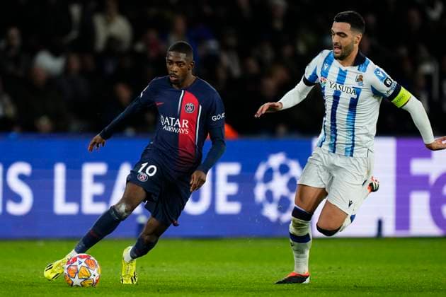 Paris Saint-Germain v Real Sociedad: Round of 16 First Leg - UEFA Champions League 2023 24 Ousmane Dembele Right Winger of PSG and France and Mikel Merino central midfield of Real Sociedad and Spain compete for the ball during the UEFA Champions League 2023 24 round of 16 first leg match between Paris Saint-Germain and Real Sociedad at Parc des Princes on February 14, 2024 in Paris, France. Paris France  Copyright: xJosexBretonx originalFilename:breton-parissai240214_np72j.jpg