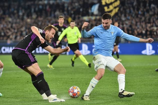 Harry Kane of Bayern Munchen and Mario Gila of SS Lazio during the Champions League football match between SS Lazio and FC Bayern Munchen at Olimpico stadium in Rome (Italy), February 14th, 2024. AntoniettaxBaldassarre
