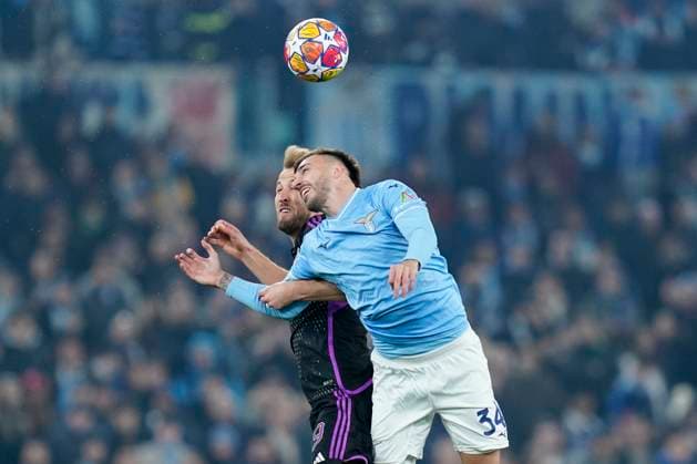 Mario Gila of SS Lazio competes for the ball with Harry Kane of FC Bayern Munchen during the Uefa Champions League match between SS Lazio and FC Bayern Munchen at Stadio Olimpico Rome Italy on 14 February 2024. Rome Stadio Olimpico Rome Italy Copyright: xPhotoxSportxPicsx SP24-849-012