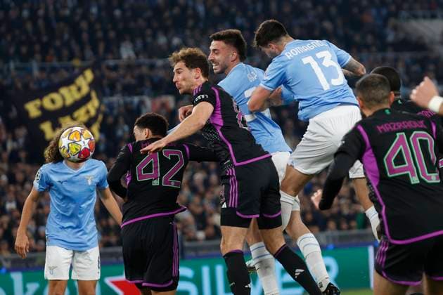 February 14, 2024, Rome, Lazio, Italy: Leon Goretzka of Bayern Fuentes Mario Gila of Lazio Alessio Romagnoli of Lazio during the UEFA Champions League round of 16 first leg match between SS Lazio and FC Bayern at Stadio Olimpico on February 14, 2024 in Rome, Italy. Rome Italy - ZUMAl131 20240214_zsp_l131_007 Copyright: xCiroxDexLucax
