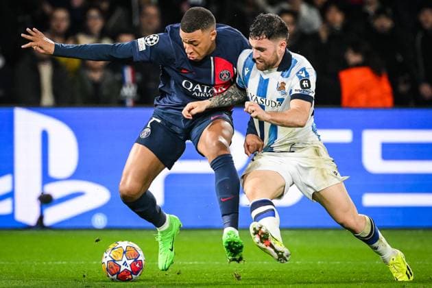 February 14, 2024, Paris, France, France: Kylian MBAPPE of PSG and Javi GALAN of Real Sociedad during the UEFA Champions League match between Paris Saint-Germain and Real Sociedad at Parc des Princes Stadium on February 14, 2024 in Paris, France. Paris France - ZUMAm308 20240214_zsp_m308_004 Copyright: xMatthieuxMirvillex