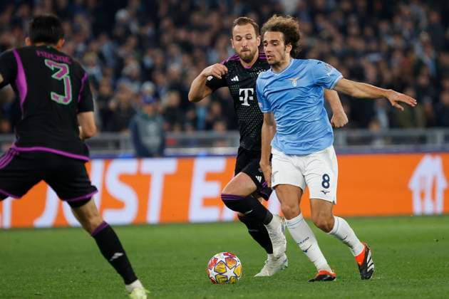 14th February 2024, Stadio Olimpico, Rome, Italy; Champions League Football, Round of 16, First Leg; Lazio versus Bayern Munich; Marcos Antonio of Lazio is pressured by Harry Kane of Bayern  ActionPlus12608966 NaFoto