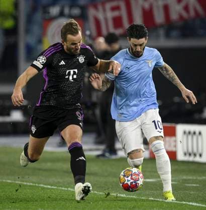 FOOTBALL CHAMPIONS LEAGUE SEASON 2023 2024 Round of 16 first leg 14 02 2024 Lazio Rome FC Bayern Muenchen Harry Kane left, FC Bayern Muenchen vs Luis Alberto right, Lazio Rome