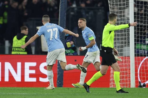 UEFA Champions League SS Lazio vs Bayern Munich Lazio™s Italian forward Ciro Immobile celebrates after scoring a goal during the UEFA Champions League Round of 16, first-leg football match between SS Lazio vs Bayern Munich in Rome, on February 14, 2024. ABPH9594 Copyright: xAntonioxBalascox