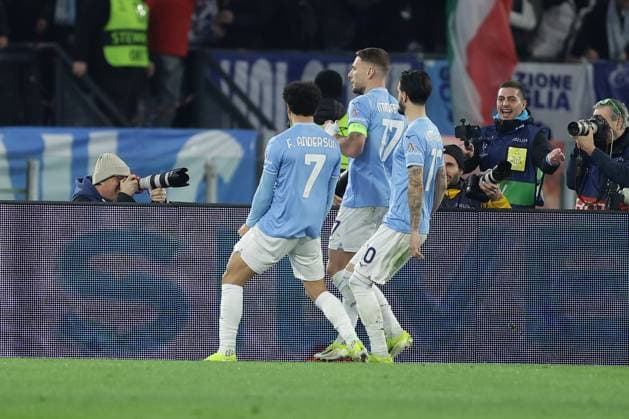 UEFA Champions League SS Lazio vs Bayern Munich Lazio™s Italian forward Ciro Immobile celebrates after scoring a goal during the UEFA Champions League Round of 16, first-leg football match between SS Lazio vs Bayern Munich in Rome, on February 14, 2024. ABPH9686 Copyright: xAntonioxBalascox