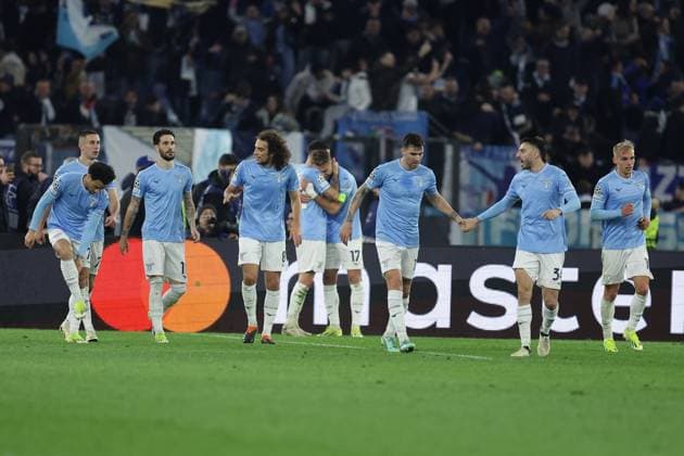 UEFA Champions League SS Lazio vs Bayern Munich Lazio™s Italian forward Ciro Immobile celebrates after scoring a goal during the UEFA Champions League Round of 16, first-leg football match between SS Lazio vs Bayern Munich in Rome, on February 14, 2024. ABPH9780 Copyright: xAntonioxBalascox