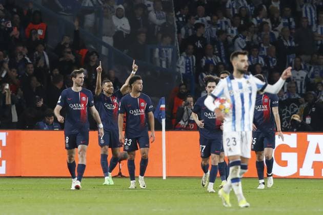 Joie sur le but de Kylian Mbappe (PSG) FOOTBALL : Paris Saint Germain Vs Real Sociedad - Ligue des Champions - 14 02 2024 MichaelBaucher Panoramic 
