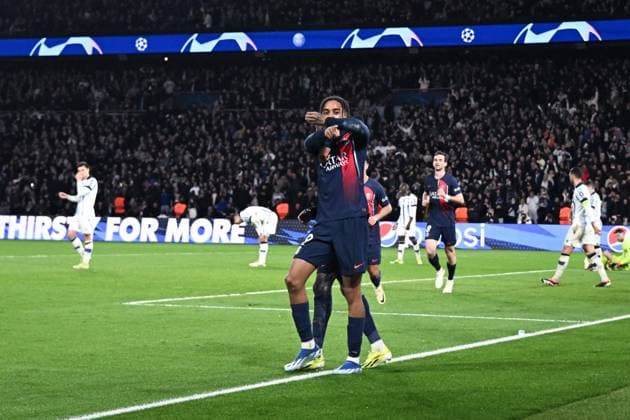 Bradley Barcola ( 29 - PSG ) celebrates after scoring during the UEFA Champions League match between PSG and Real Sociedad at Parc Des Princes on February 14, 2024 in Paris, France. ( Photo by federico pestellini panoramic ) - FOOTBALL : Paris Saint Germain vs Real Sociedad - Ligue des Champions - 14 02 2024 FedericoPestellini Panoramic 