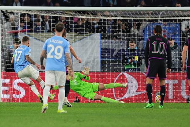 Sport Bilder des Tages Ciro Immobile of SS Lazio scores the goal of 1-0 during the Champions League football match between SS Lazio and FC Bayern Munchen at Olimpico stadium in Rome (Italy), February 14th, 2024. cesarexpurini