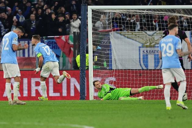 Ciro Immobile of SS Lazio scores the goal of 1-0 during the Champions League football match between SS Lazio and FC Bayern Munchen at Olimpico stadium in Rome (Italy), February 14th, 2024. cesarexpurini