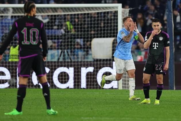 Ciro Immobile of SS Lazio celebrates after scoring the goal of 1-0 during the Champions League football match between SS Lazio and FC Bayern Munchen at Olimpico stadium in Rome (Italy), February 14th, 2024. cesarexpurini