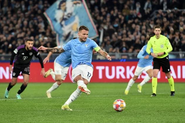 Ciro Immobile of SS Lazio scores on penalty the goal of 1-0 during the Champions League football match between SS Lazio and FC Bayern Munchen at Olimpico stadium in Rome (Italy), February 14th, 2024. AntoniettaxBaldassarre