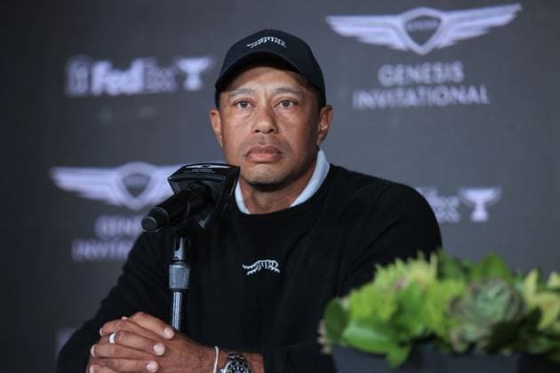 February 14, 2024, Pacific Palisades, California, USA: Tiger Woods is interviewed during the 2024 Genesis Invitational Golf Tournament on Wednesday February 14, 2024 at the Riviera Country Club in Pacific Palisades, California. ARIANA RUIZ PI Pacific Palisades U.S - ZUMAp124 20240214_zaa_p124_014 Copyright: xArianaxRuizx