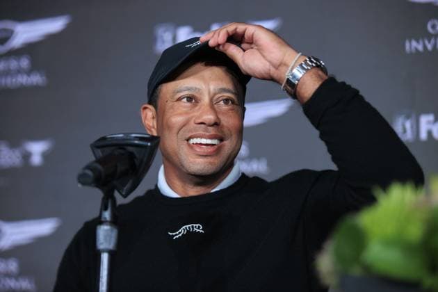 February 14, 2024, Pacific Palisades, California, USA: Tiger Woods is interviewed during the 2024 Genesis Invitational Golf Tournament on Wednesday February 14, 2024 at the Riviera Country Club in Pacific Palisades, California. ARIANA RUIZ PI Pacific Palisades U.S - ZUMAp124 20240214_zaa_p124_017 Copyright: xArianaxRuizx