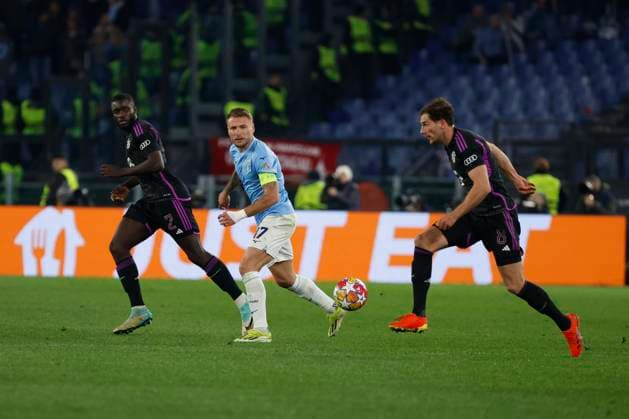 14th February 2024, Stadio Olimpico, Rome, Italy; Champions League Football, Round of 16, First Leg; Lazio versus Bayern Munich; Goretzka breaks watched by Ciro Immobile  ActionPlus12608998 NaFoto