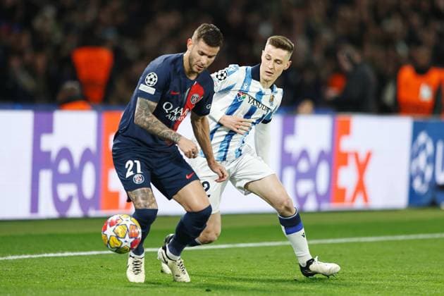 (L-R) Lucas Hernandez (PSG), Benat Turrientes (Sociedad), FEBRUARY 14, 2024 - Football Soccer : UEFA Champions League Round of 16 1st leg match between Paris Saint-Germain 2-0 Real Sociedad at the Parc des Princes in Paris, France. Noxthirdxpartyxsales  (244010718)