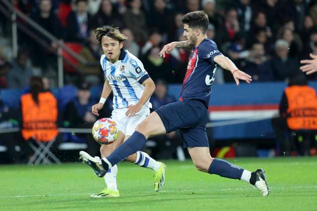 Paris Saint-Germain v Real Sociedad: Round of 16 First Leg - UEFA Champions League 2023 24 Sebastien Muylaert MAXPPP - Paris 14 02 2024 Takefusa Kubo of Real Sociedad during the UEFA Champions League 2023 24 round of 16 first leg match between Paris Saint-Germain and Real Sociedad at Parc des Princes in Paris, France. 14.02.2024 Paris France  Copyright: xMAXPPPxSébastienxMuylaertx LTG202402155211 LTG202402155211