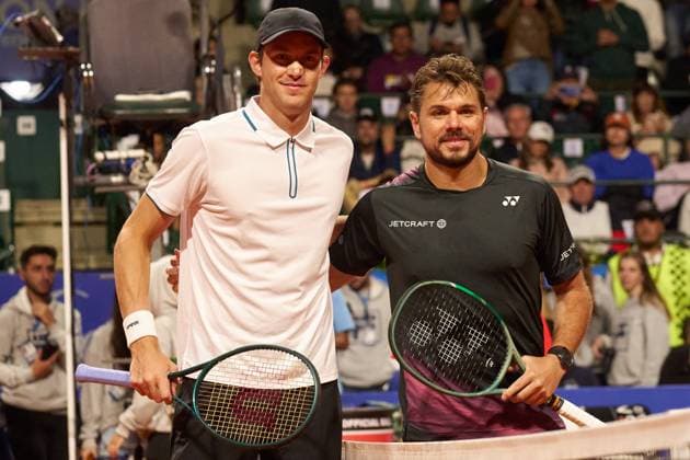 Nicolas Jarry of Chile (L) and Stan Wawrinka of Switzerland pose for the press photo prior to their second round match of the IEB+ Argentina Open 2024 at Buenos Aires Lawn Tennis Club on February 14, 2024 in Buenos Aires, Argentina. (Photo by Camilla Stolen Imago) Buenos Aires Argentina Copyright: xCamillaxStolenx L1730145