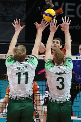 DEU, DVV, 1 VBL, BR Volleys vs FT1844 Freiburg, 14 02 2024, Max Schmeling Halle, Berlin, DEU, DVV, 1 VBL, BR Volleys vs FT1844 Freiburg, in the picture Timothee Carle BR Volleys 9 , Lennart Heckel FT 1844 Freiburg 11 , Yannick Harms FT 1844 Freiburg 3 Photo Juergen Engler nordphoto GmbH nordphotoxGmbHx xEngler nph00076