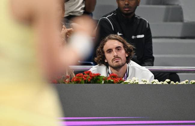 Qatar TotalEnergies Open 2024 Stefanos Tsitsipas GRE watching his Girlfriend Paula Badosa ESP playing first Round in Doha , Qatar against Ashlyn Krueger USA