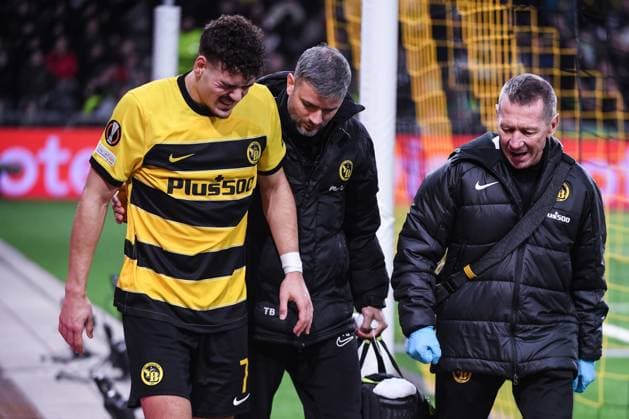 BERN, SWITZERLAND FEBRUARY 15 Filip Ugrinic of Young Boys L is injured during the UEFA Europa League 2023 24 round of 16 first leg match between BSC Young Boys and Sporting CP at Stadion Wankdorf on February 15, 2024 in Bern, Switzerland Copyright: xJustPictures.ch ManuelxWinterbergerx jp-en-EuSpIm-MWI_2032-20240215