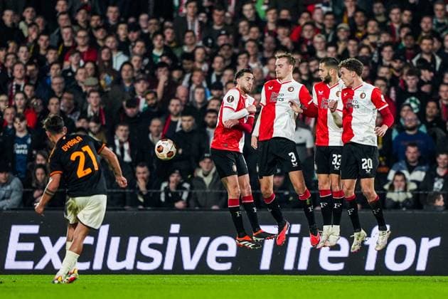 UEFA Europa League: Feyenoord v AS Roma Rotterdam - Ramiz Zerrouki of Feyenoord, Thomas Beelen of Feyenoord, David Hancko of Feyenoord, Mats Wieffer of Feyenoord during the 1st leg of the UEFA Europa League Knockout Round Play-offs between Feyenoord v AS Roma at Stadion Feijenoord De Kuip on 15 February 2024 in Rotterdam, The Netherlands. Copyright: xTomxBodex