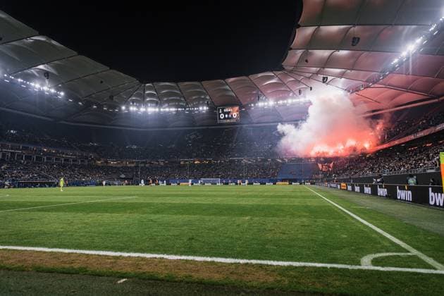 Soccer I Men I UEFA Europa League I Intermediate round I FC Shakhtar Donetsk Olympique Marseille I 15 02 2024 Olympique Marseille fans set off pyros Hamburg Volksparkstadion Hamburg Germany Copyright: xLobecax xHenningxRohlfsx