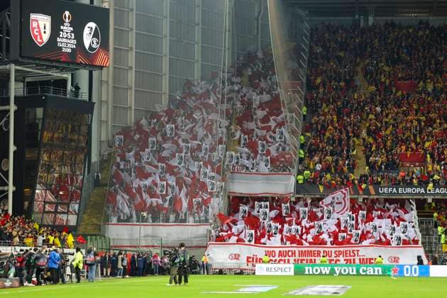 Fanblock SC Freiburg , Football, UEFA Europa League, Play off 1 match, 2023 2024, RC Lens vs SC Freiburg, 15 02 2024, Stade Bollaert Delelis, Lens, France Lens Stade Bollaert Delelis Pas de Calais France Copyright: xGrantxHubbsx
