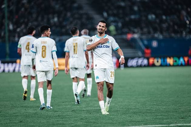 Soccer Men Season 2023 2024 Play Offs Europa League FC Shakhtar Donetsk UKR vs Olympique Marseille FRA 15 02 2024 Iliman Ndiaye 29, Olympique Marseille celebrating a goal Hamburg Volksparkstadion Hamburg Germany