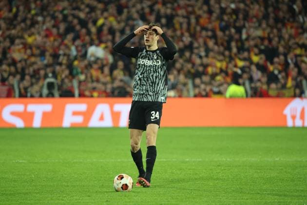Merlin RÖHL (SC Freiburg) lors du match de l UEFA Europa League entre le RC Lens et SC Fribourg, stade Bollaert-Delelis, le 15 fÃ vrier 2024 FOOTBALL : RC LENS vs SC FREIBURG - UEFA EUROPA LEAGUE - 15 02 2024 LaurentSanson Panoramic 