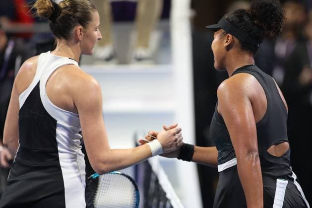 DOHA, QATAR - FEBRUARY 15: Naomi Osaka of Japan loses against Karolina Pliskova of the Czech Republic in their women s Quarterfinal match during the Qatar TotalEnergies Open, part of the Hologic WTA, Tennis Damen Tour at Khalifa International Tennis and Squash Complex on February 15, 2024 in Doha, Qatar.  Copyright: xx