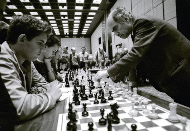 Chess. USSR Chess Championship 1986. Moscow.World Trade Center. Grandmaster Mikhail Tal during a simultaneous game at the championship. 