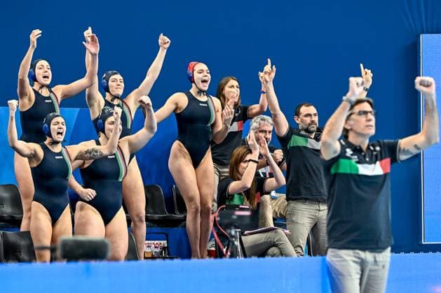 Athletes of team Italy during the Water polo, Wasserball women classification 7th 8th place match between team Canada (white caps) and team Italy (blue caps) of the 21st World Aquatics Championships at the Aspire Dome in Doha (Qatar), February 16, 2024. GiorgioXScala