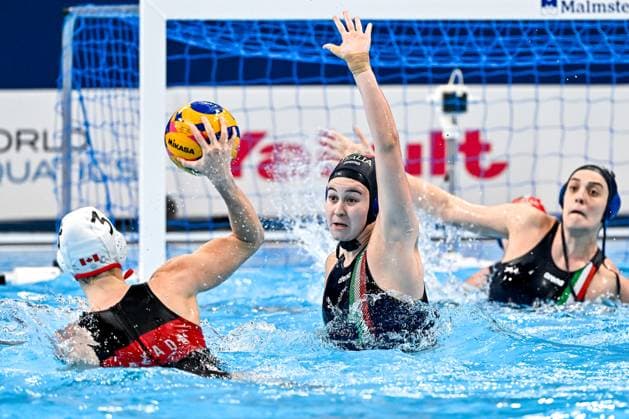 Sofia Giustini of Italy during the Water polo, Wasserball women classification 7th 8th place match between team Canada (white caps) and team Italy (blue caps) of the 21st World Aquatics Championships at the Aspire Dome in Doha (Qatar), February 16, 2024. GiorgioXScala