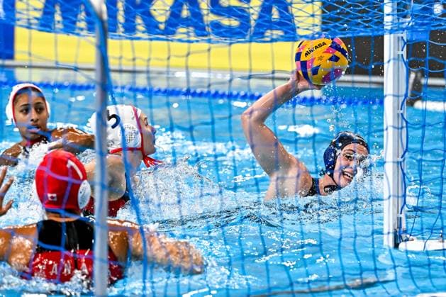 Claudia Roberta Marletta of Italy during the Water polo, Wasserball women classification 7th 8th place match between team Canada (white caps) and team Italy (blue caps) of the 21st World Aquatics Championships at the Aspire Dome in Doha (Qatar), February 16, 2024. GiorgioXScala