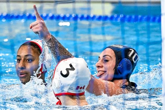 Claudia Roberta Marletta of Italy during the Water polo, Wasserball women classification 7th 8th place match between team Canada (white caps) and team Italy (blue caps) of the 21st World Aquatics Championships at the Aspire Dome in Doha (Qatar), February 16, 2024. GiorgioXScala