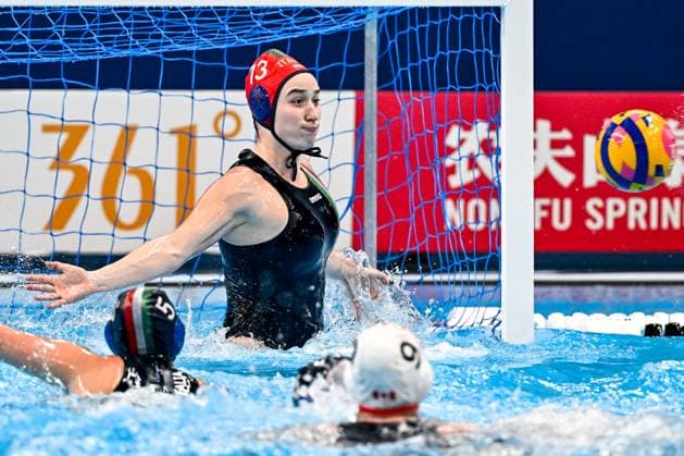 Caterina Banchelli of Italy during the Water polo, Wasserball women classification 7th 8th place match between team Canada (white caps) and team Italy (blue caps) of the 21st World Aquatics Championships at the Aspire Dome in Doha (Qatar), February 16, 2024. GiorgioXScala