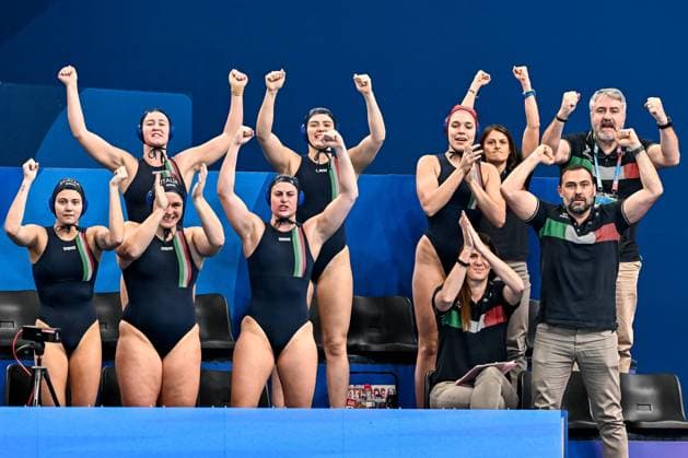 Athletes of team Italy cheers during the Water polo, Wasserball women classification 7th 8th place match between team Canada (white caps) and team Italy (blue caps) of the 21st World Aquatics Championships at the Aspire Dome in Doha (Qatar), February 16, 2024. GiorgioXScala