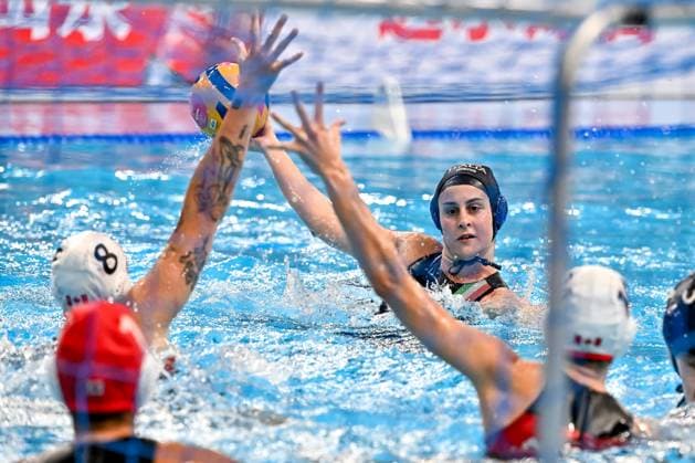 Domitilla Picozzi of Italy during the Water polo, Wasserball women classification 7th 8th place match between team Canada (white caps) and team Italy (blue caps) of the 21st World Aquatics Championships at the Aspire Dome in Doha (Qatar), February 16, 2024. GiorgioXScala